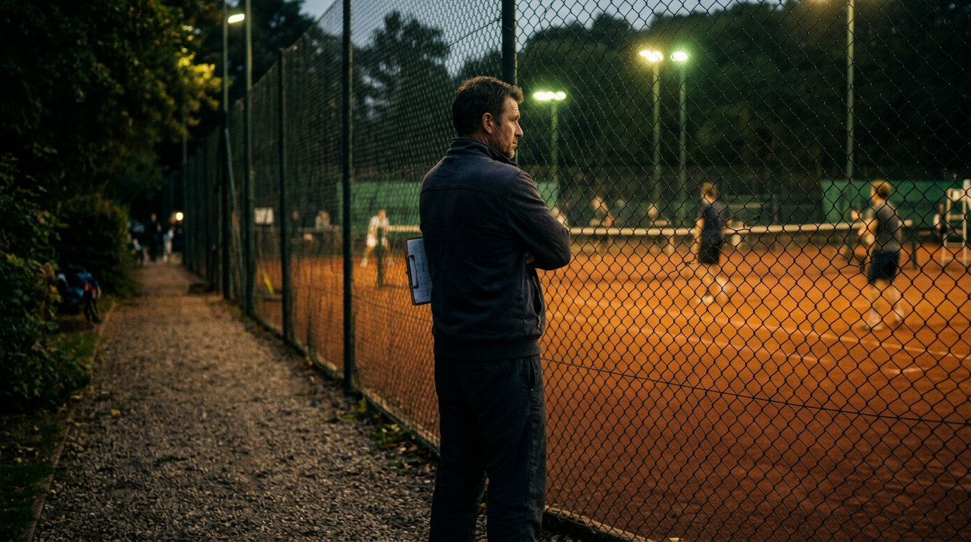 Image générée : un coach, une planchette sous le bras, regarde un court de tennis éclairé en soirée depuis l’extérieur du grillage