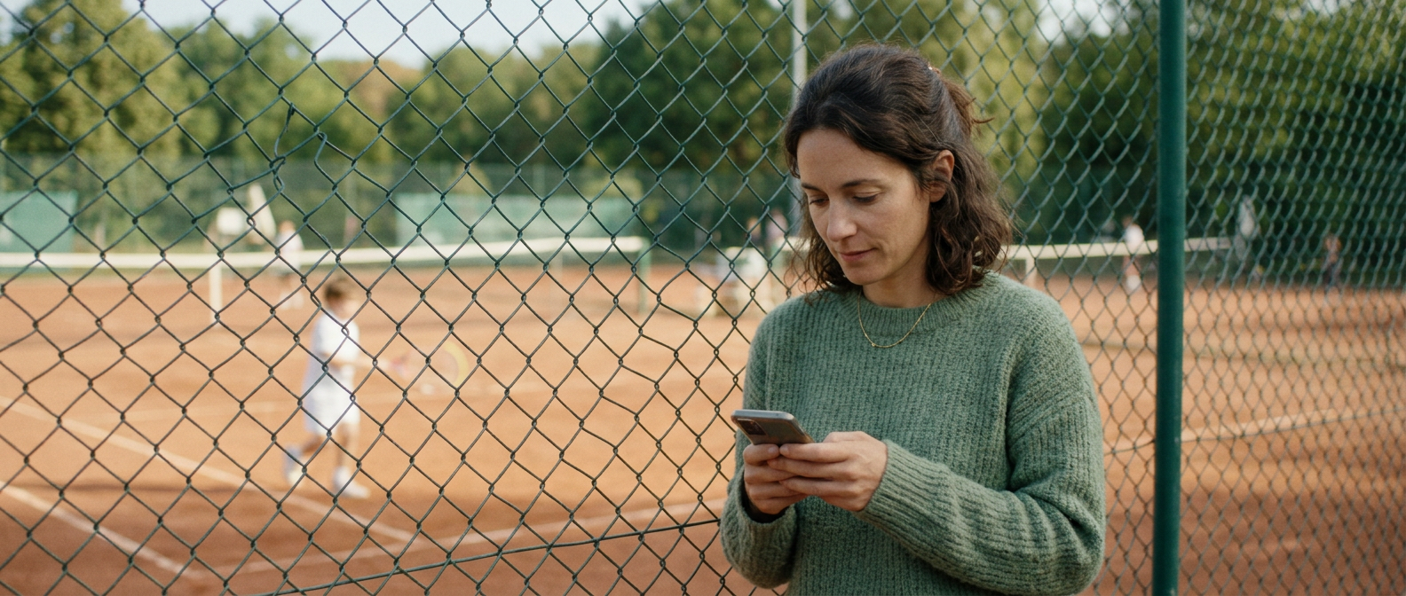 Image générée : une mère en pull vert regarde son téléphone derrière le grillage d’un court de tennis en terre battue