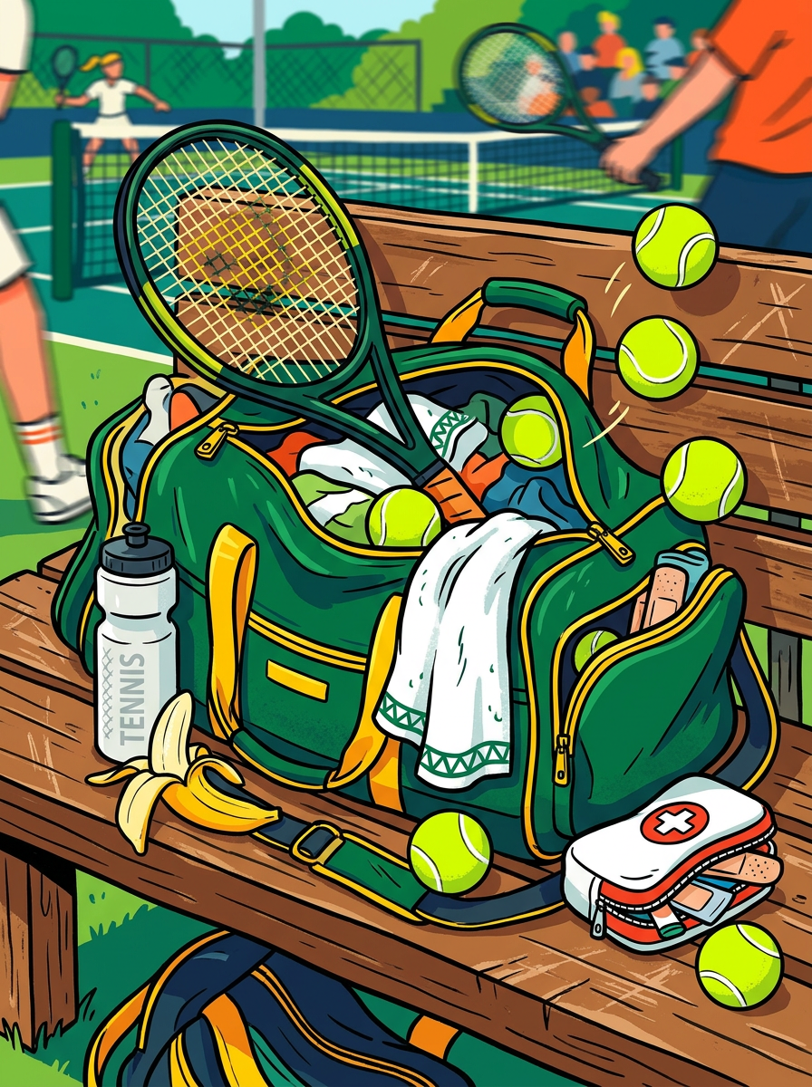 Illustration : un sac de tennis ouvert sur un banc, avec raquette, balles, gourde, banane, serviette et trousse de soin