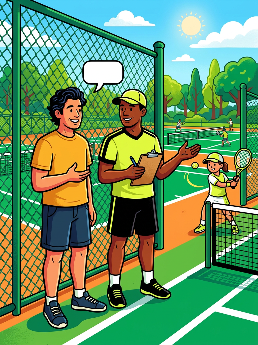 Illustration : un parent et un coach avec une planchette discutent près d’un grillage de court