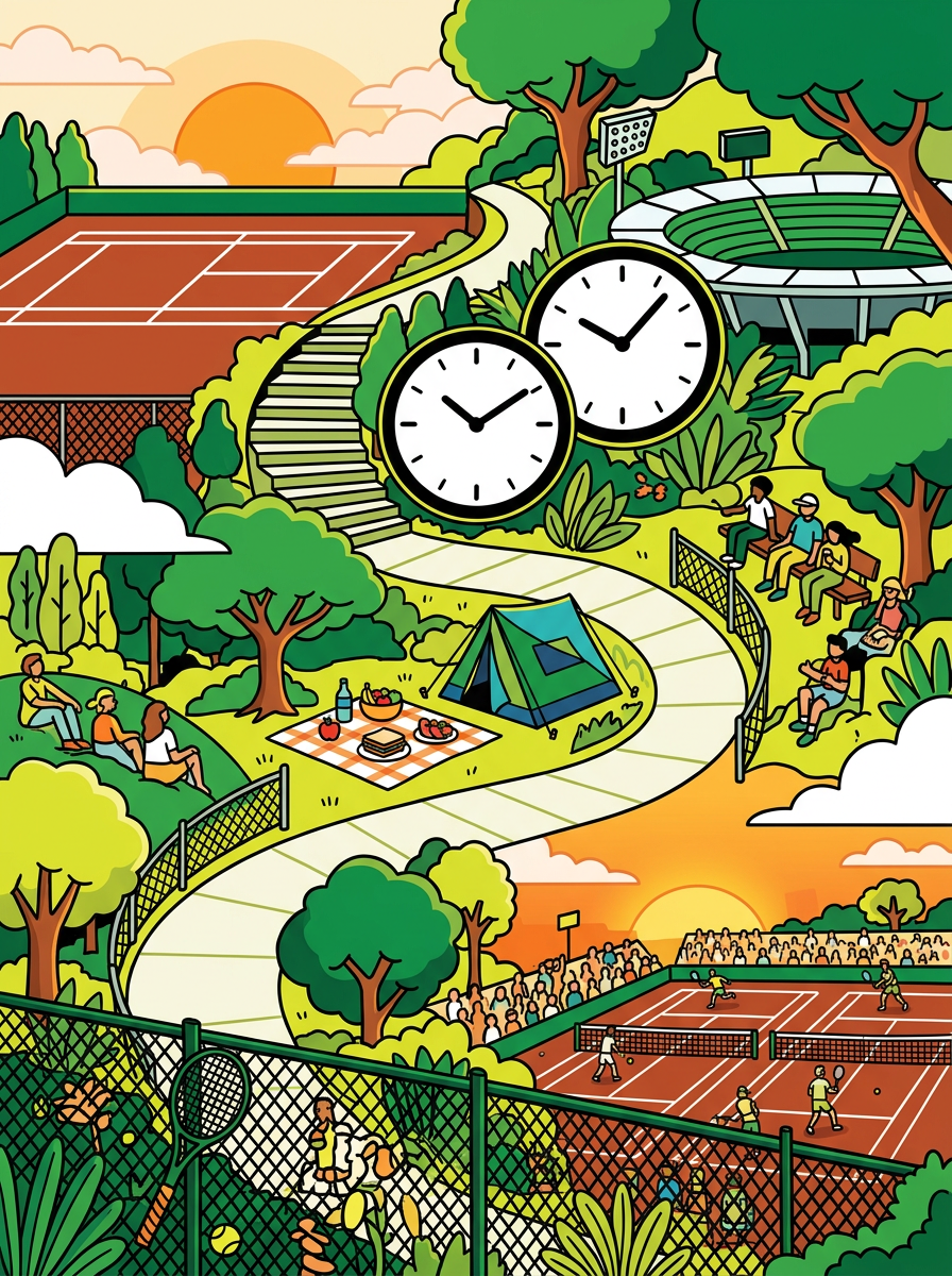 Illustration : un chemin sinueux entre un court au lever du soleil, deux horloges, un pique-nique et un court au coucher du soleil