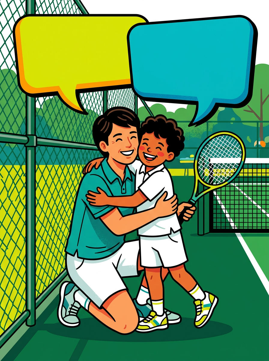 Illustration : un parent à genoux serre son enfant en tenue de tennis près d’un grillage